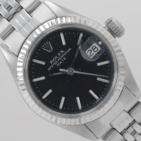 Rolex Ladies Date 26mm Steel Black Index Dial Fluted Bezel Jubilee Band 6917 - Picture 1 of 10